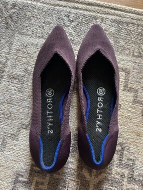 Rothy's Pointed-Toe Knit Flats in Plum with Blue Trim